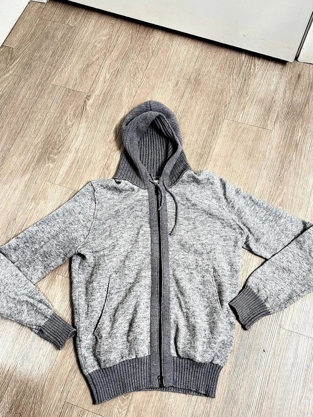 Stone Island Full Zip Ribbed Knit Hoodie Gray Medium